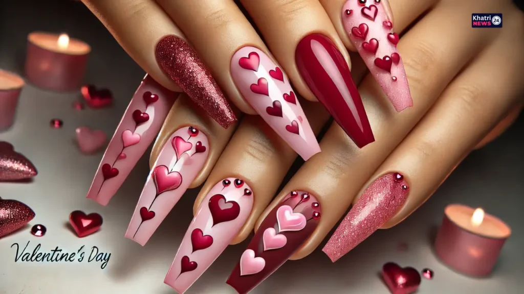 Valentine’s Day Nails Designs in 2025: वेलेंटाइन डे पर जरूर ट्राई करें ये 5 खूबसूरत नेल, सुंदर दिखेगा आपका हाथ! 2 Pink & Red Hearts